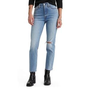 Levi's Wedgie Straight High Rise Jeans Medium Wash Distressed‎ Raw Hem 32